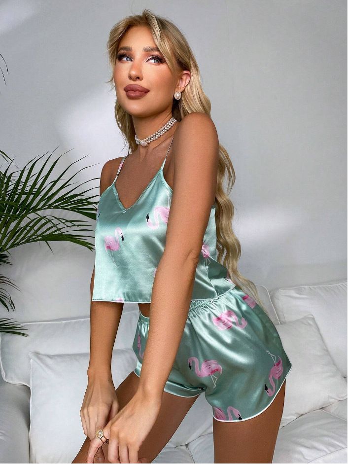 Leopar desenli askılı pijama kadın takımı yaz saten imitasyon ipek sıcak ev kıyafetleri_voghion.com