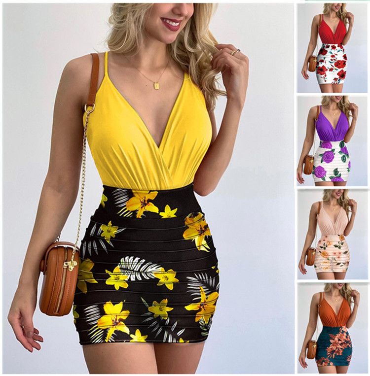 Spring/Summer 2023 New Slim Fit Sexy Print Strap Spliced Hip Wrap Dress_voghion.com