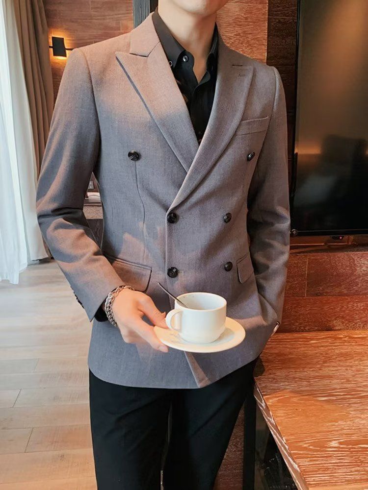 Dubbelrijs Casual Pak Jas Voor Heren Blazers Lente Herfst High-end Brits Zakelijk Trendy Afslankend Glad Silhouet_voghion.com