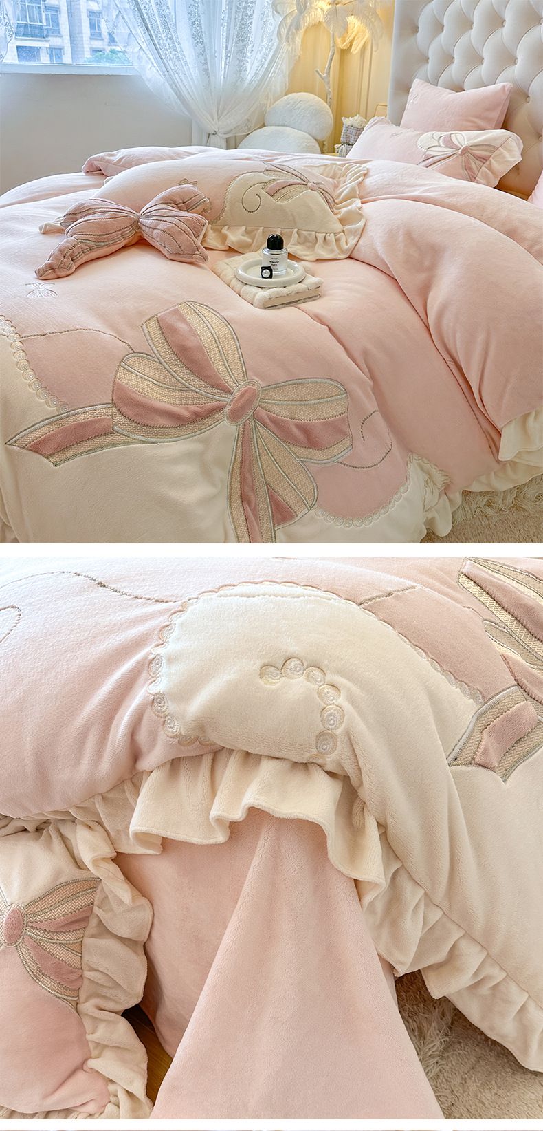 Set di quattro pezzi in pile invernale ricamato con copripiumino in pile di corallo caldo e spesso_voghion.com