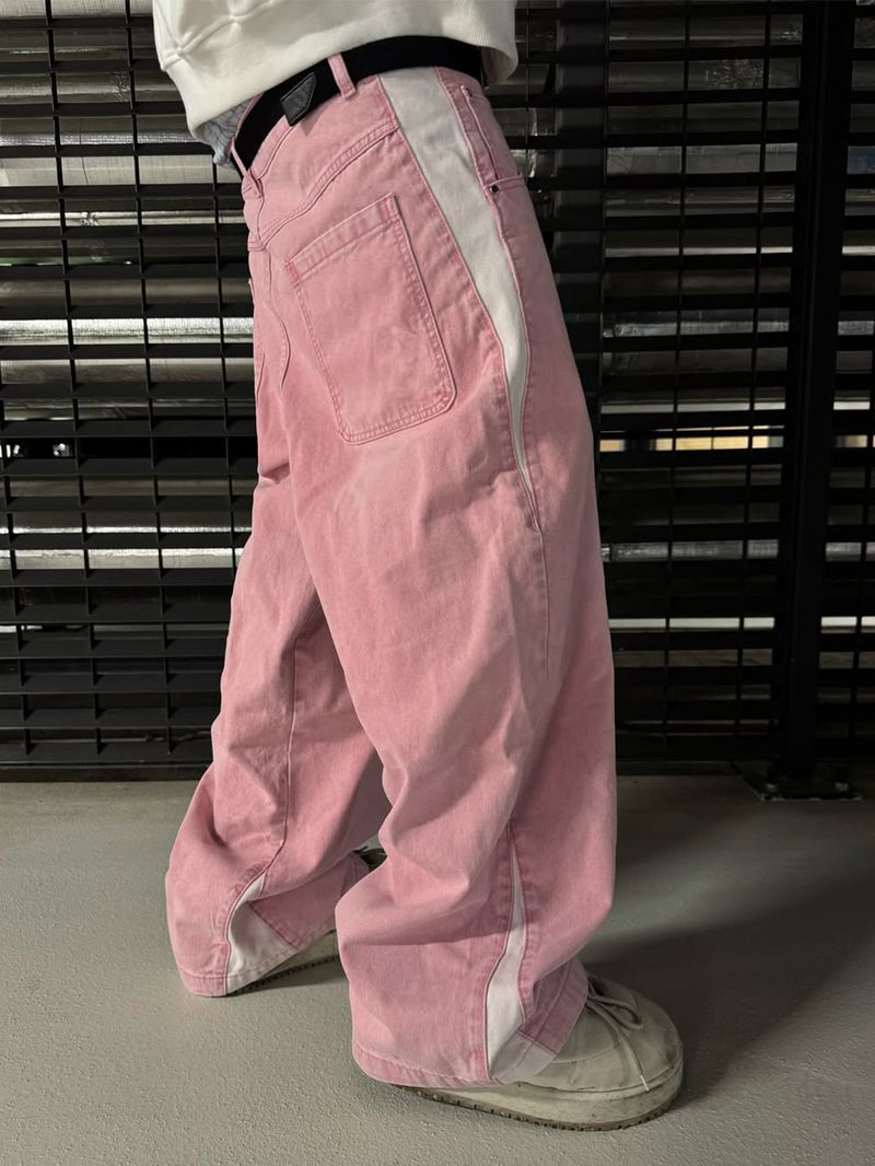 Men's Clothing New Style Splicing Spring And Summer Trend High Street Retro Washed Distressed Light Blue Slim Wide Leg Denim Men's Pants_voghion.com