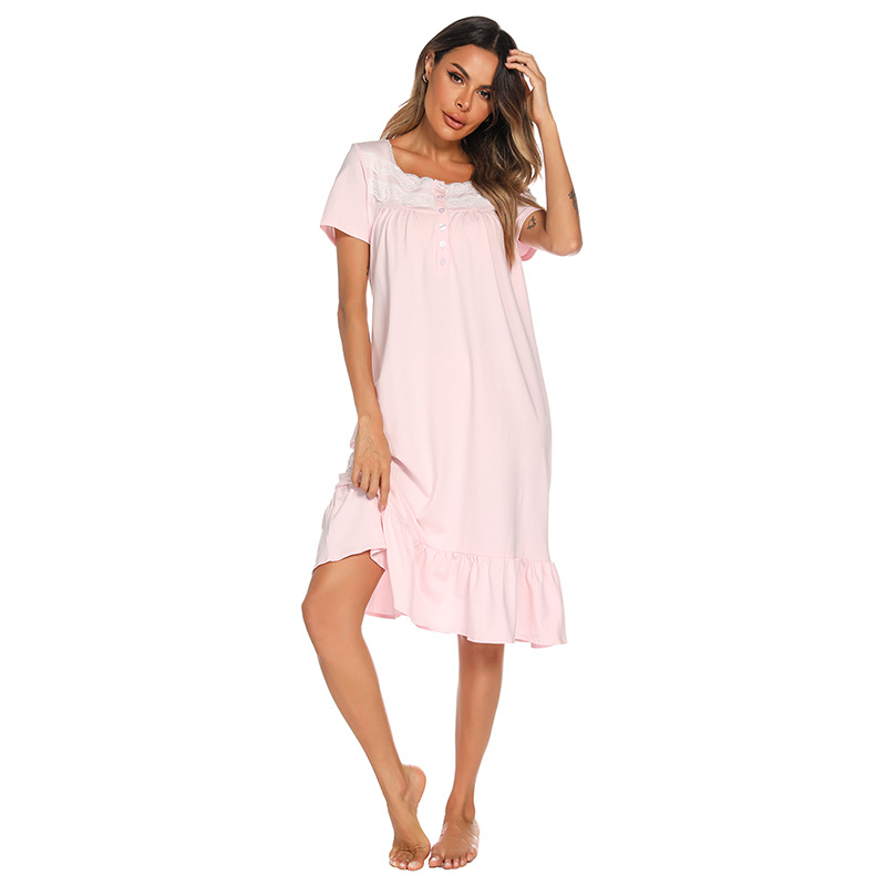 Damenbekleidung kurzärmliges Nachthemd aus Baumwolle mit langem Rock, weiblicher Sommerpalast-Stil, süße Prinzessin, niedlich, lose, große Größe, Pyjama_voghion.com