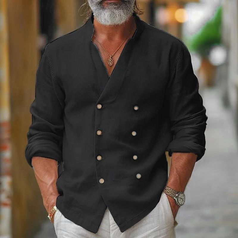 Men's Clothing Men's Spring And Autumn Double Breasted Stand Up Collar Solid Color Cotton And Linen Casual Solid Color Long Sleeved Youth Shirt_voghion.com