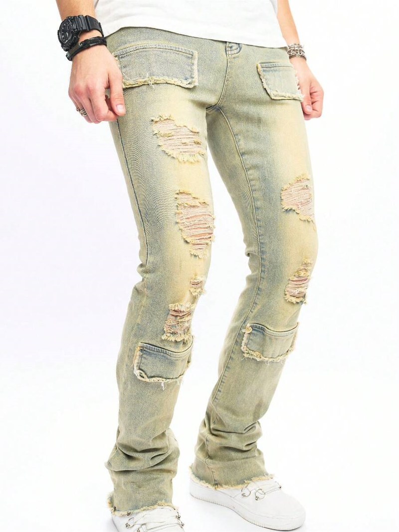 Men's Clothing High Quality Men's Ripped Jeans New Jeans Patch Ripped Slightly Elastic Real Business Denim Casual Pants_voghion.com