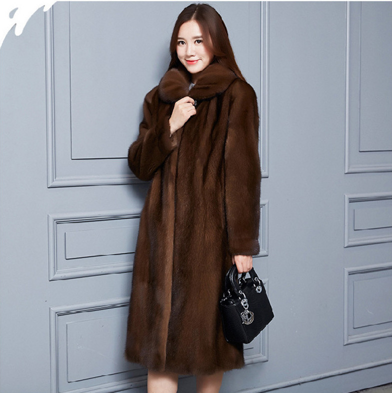 Ženski plašč v imitaciji krzna iz nerca, plašč z dolgim umetnim krznom na preklop iz celega nerca_voghion.com