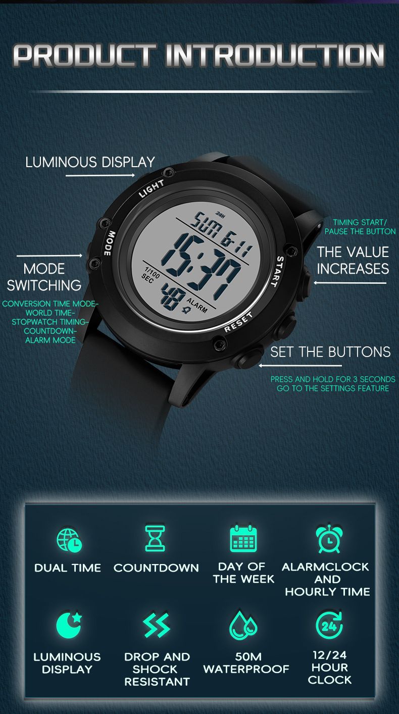 Orologio sportivo digitale con impermeabile fino a 50 m, sveglia multifunzione, cronometro, retroilluminazione a LED per uomini e donne, orologi elettronici per studenti multifunzione_voghion.com