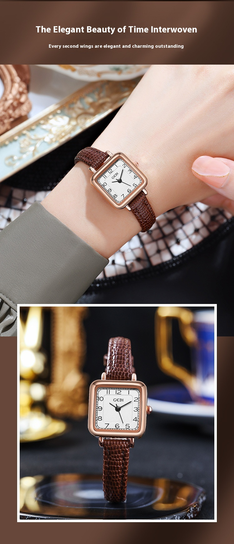 Gedi GEDI ultra-thin small square student gift light luxury niche minimalist digital quartz belt watch_voghion.com