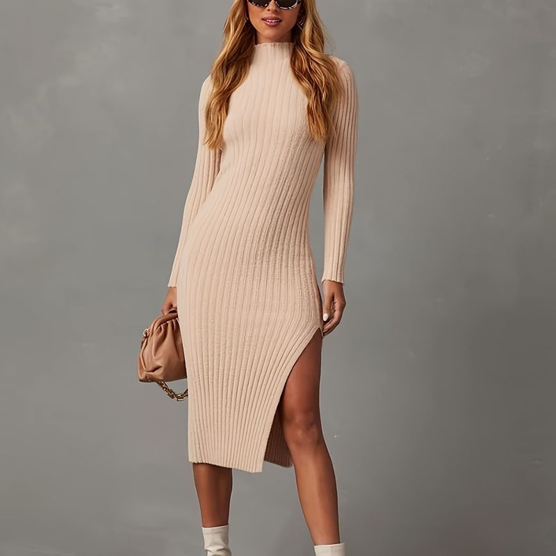 Spring Summer Slim Fit Knitted Commuter Dress With Slit Bodycon Skirt Set Stretch Simple Women's Fashion_voghion.com