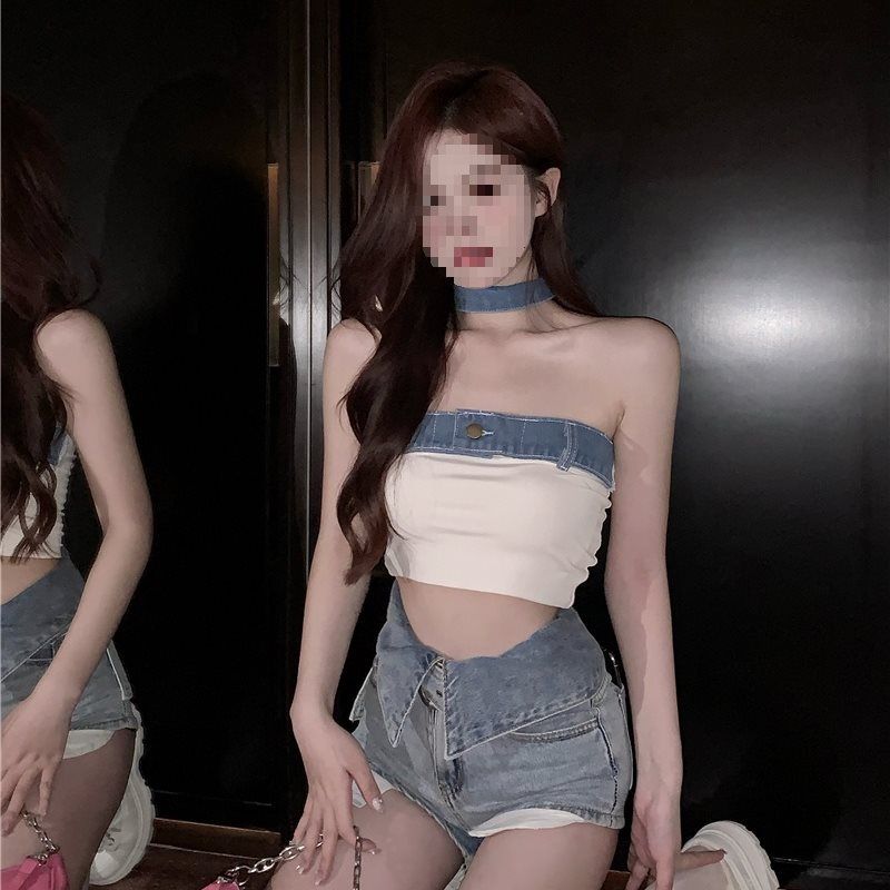 Strapless Tube Color Block Camisole 2025 Summer New French Style Eleant Hot Girl Off-Shoulder Top Short Women's_voghion.com