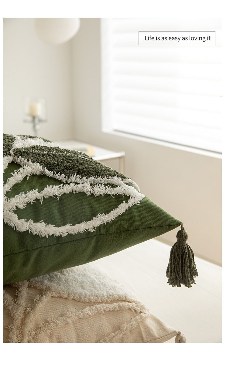 Federa per cuscino con motivo a foglie nordiche - Federa per cuscino in misto lino 45x45 cm per divano/letto (verde/beige) - Opzioni ricamo e pois trapuntati_voghion.com