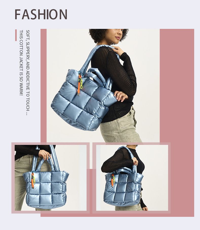 Borsa a tracolla alla moda, nuova borsa tote trapuntata a quadri versatile di alta qualità, borsa invernale da donna in nylon morbido e gonfio, grande capacità._voghion.com