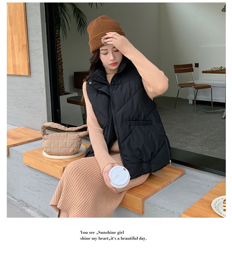 Doudoune sans manches matelassée pour femme - Veste d'hiver chaude à col montant, coloris noir/crème/kaki/citrouille | Tailles M à 2XL_voghion.com