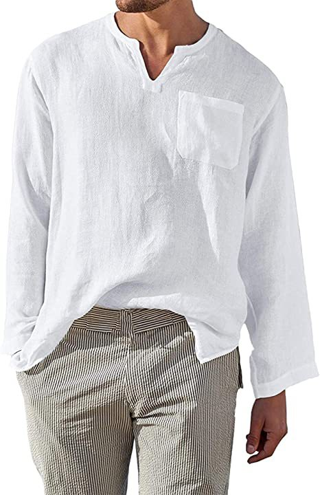 Unbeatable Quality Spring And Summer New Loose Multi-color Cotton Linen Long Sleeved For Men's Simple Standing Neck V-neck Shirt_voghion.com