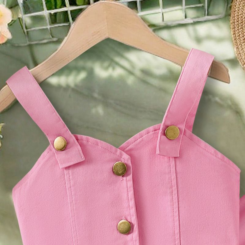 Traje de trabajo para madres e hijos, para niñas, color liso, con tirantes y botonadura sencilla, de mezclilla, talla pequeña y mediana, de dos piezas._voghion.com
