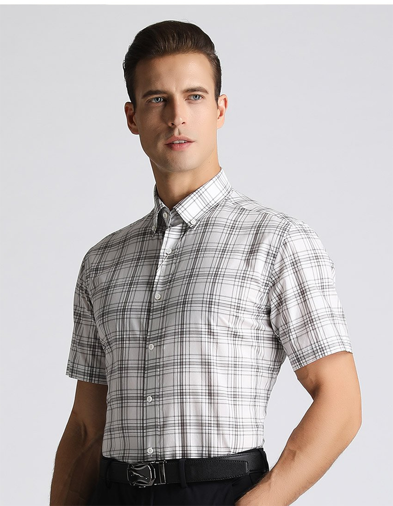 Cotton fabric light and refreshing plaid printing men's short-sleeved shirt men's shirt men_voghion.com