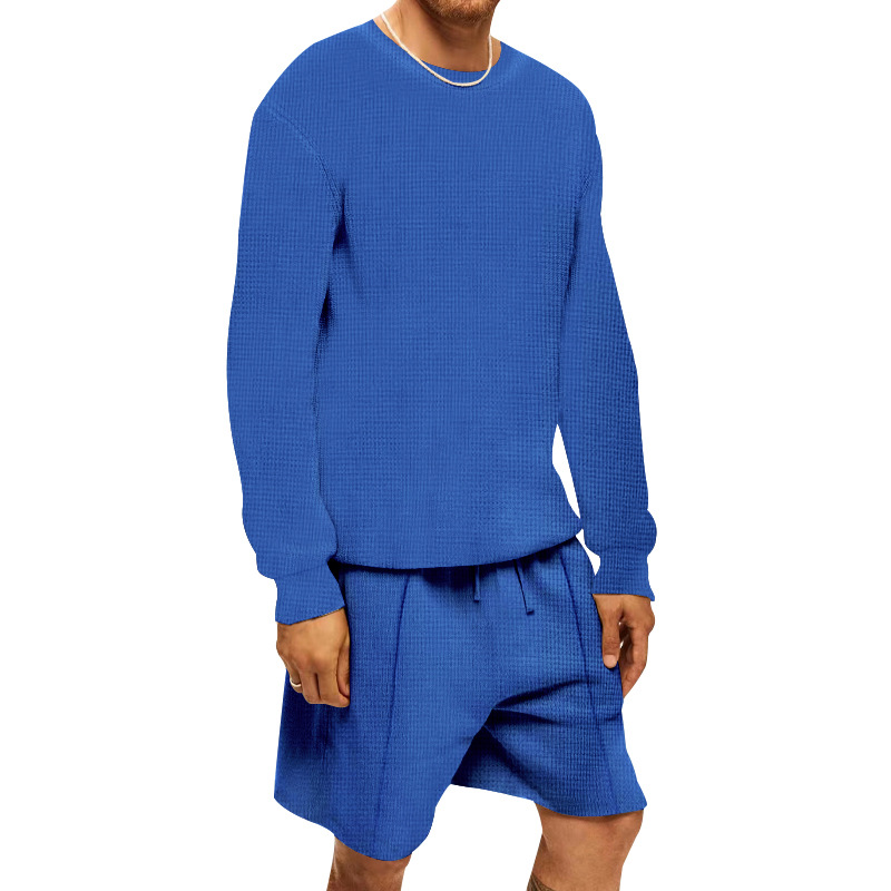 Waffle T-shirt Summer Men's Casual Sports Long Sleeve Shorts Two Piece Set for Men_voghion.com