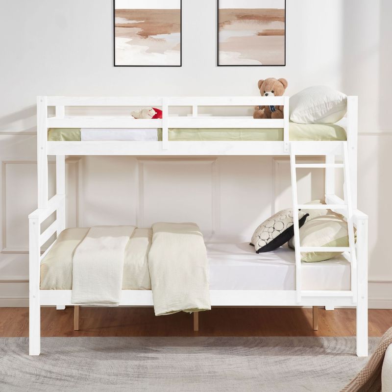 Twin Over Full Bunk Bed With Thick Posts,Wooden Bunk Bed With High Guardrail And Ladder For Kids, Teens, Dorm Rooms, And Guest Rooms,No Box Spring Needed,White_voghion.com