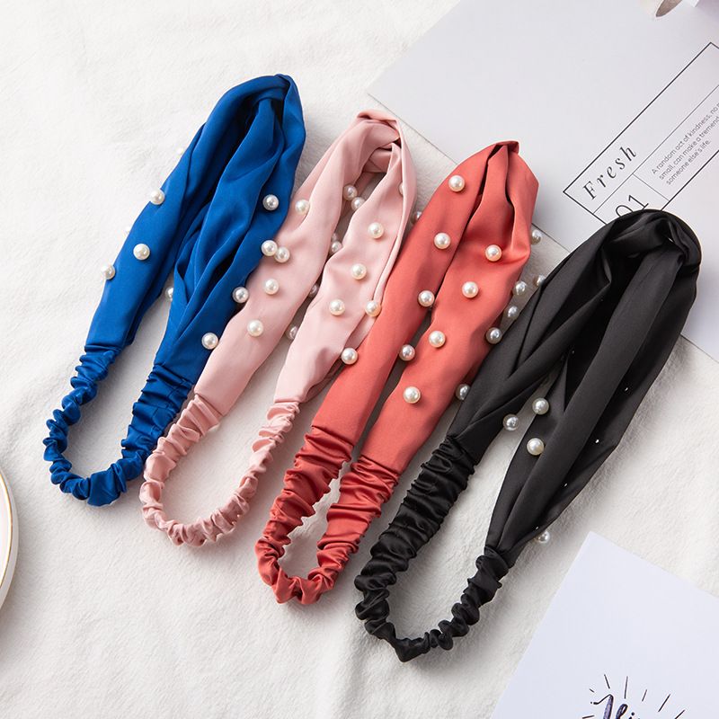 Fascia per il lavaggio e il trucco del viso da donna coreana, semplice fascia elastica per capelli incrociati, fascia per capelli con perle_voghion.com