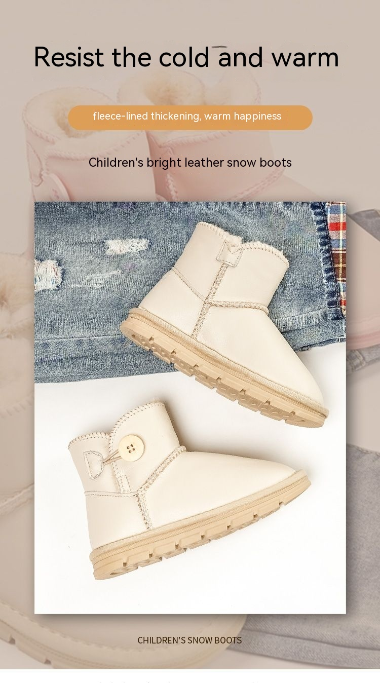 Bottes de neige imperméables en cuir de vache pour enfants, courtes, chaudes, avec peluche et gros coton épais, pour filles, nouvelle collection hiver 2023_voghion.com