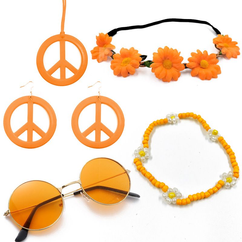 Hippie-Karnevalsbrille, Kopfbedeckungsset und Peace-Emblem-Ohrringe mit Halskette_voghion.com