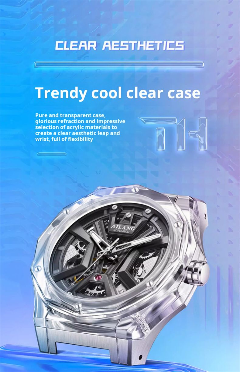 AILANG Women Automatic Mechanical Watch Top Brand Luxury Pink Transparent Case Waterproof Wrist Watch Ladies Skeleton Clock 2024_voghion.com
