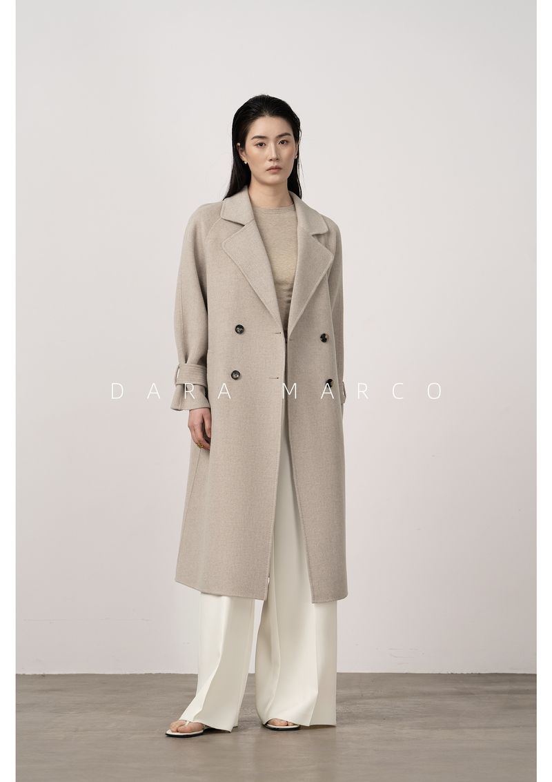 Trench double-face di lusso in misto cashmere e seta per donna – Elegante design con spalle scese, cappotto lungo aderente con drappeggio lusinghiero_voghion.com