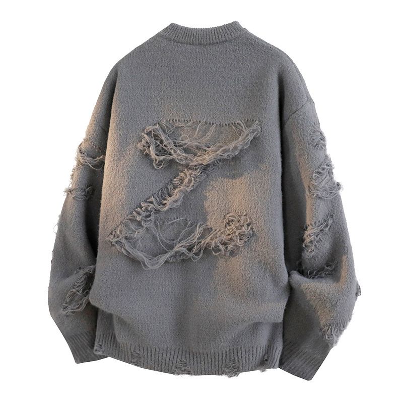 Crewneck Sweater Men's Autumn And Winter Fashion Tassel Loose Knitted Sweater Japanese Style Retro Lazy Sweater Jacket_voghion.com