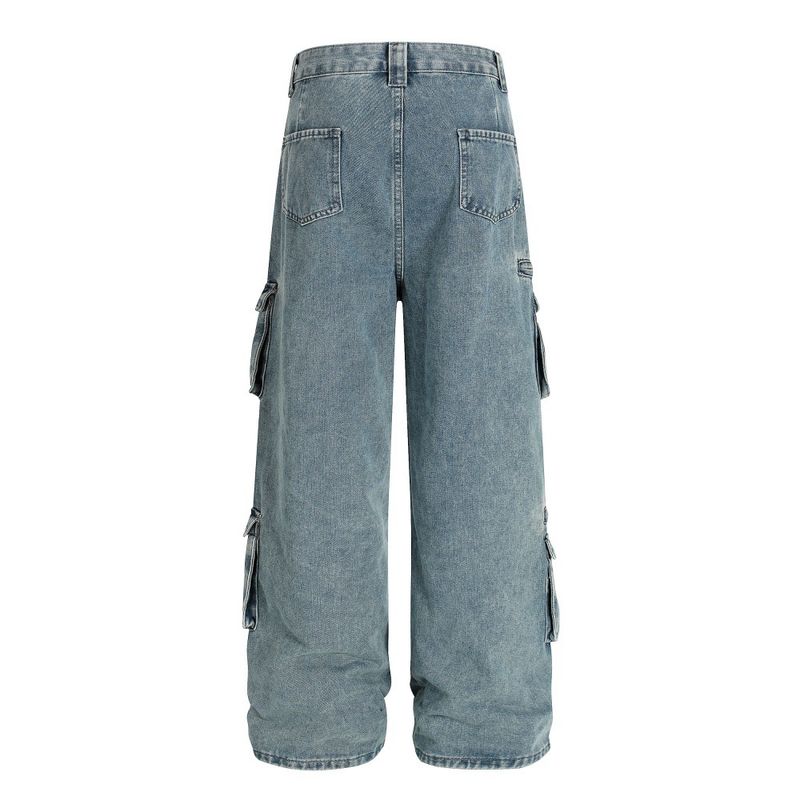 Pantaloni cargo larghi e dritti da uomo in denim multitasche American High Street, con design di nicchia, lavato e personalità_voghion.com