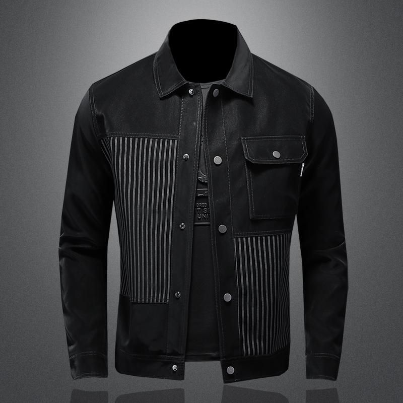 Herrenbekleidung, gestreifte Patchwork-Jeansjacke im Nine-Level-Stil_voghion.com