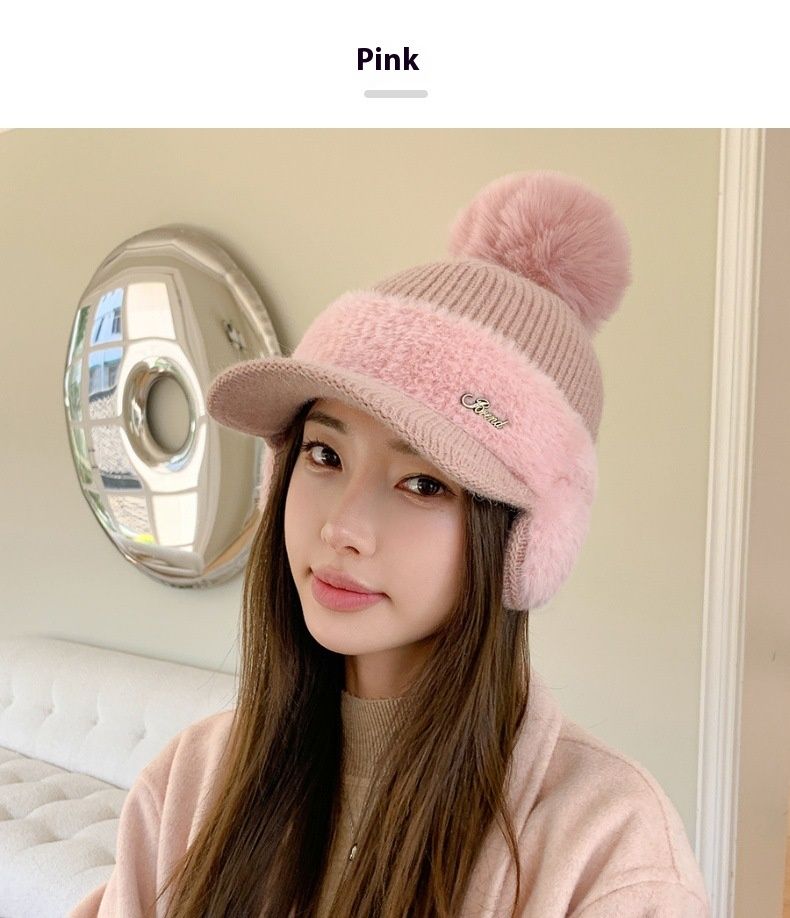 Winter New Spliced Mink Fur Ear Protection Rabbit Fur Baseball Cap For Children Fashionable And Versatile Solid Color Simple Wool Ball Knitted Cap_voghion.com