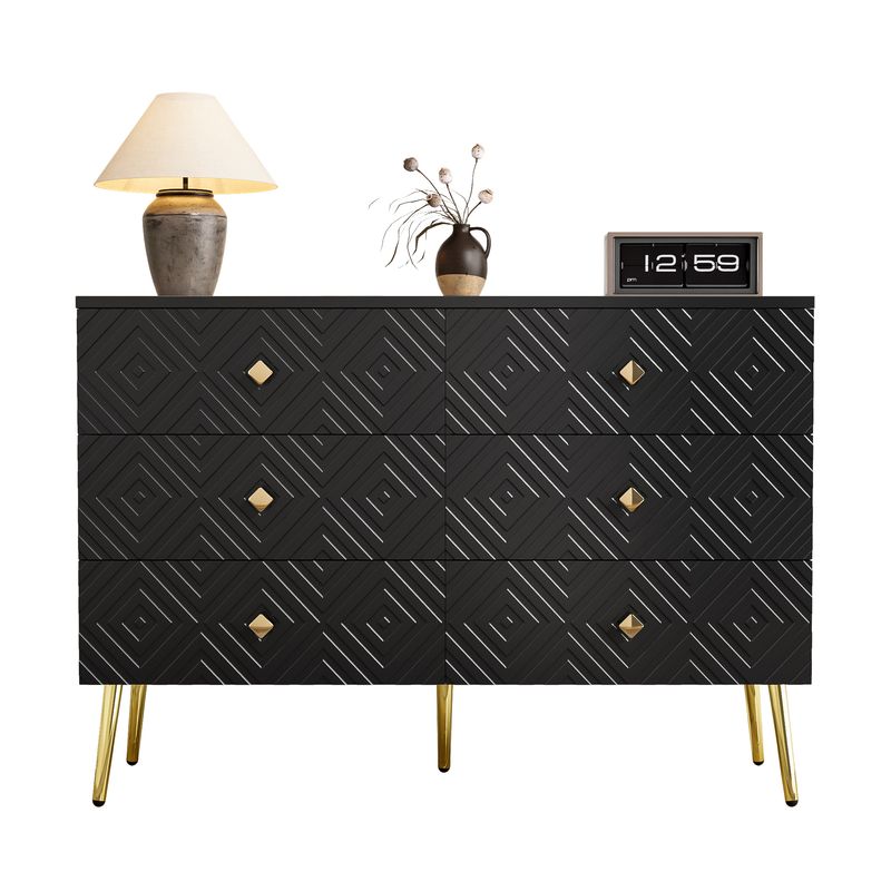 Kommode Schwarz 120x80cm Mit 6 Schubladen, Gold-Akzenten, Metallbeinen_voghion.com