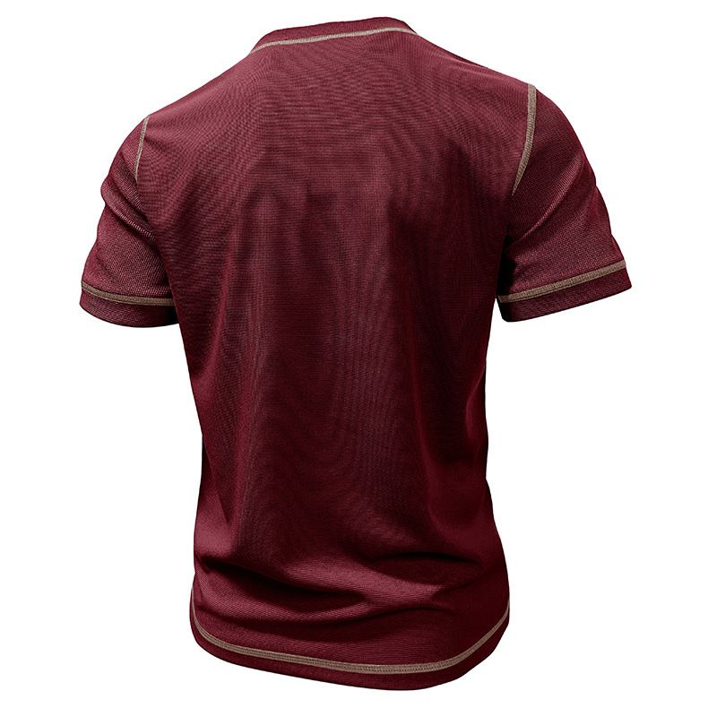 2024 Europäische und amerikanische Herrenbekleidung Rundhalsausschnitt Waffel Henry Kurzarm-T-Shirt Außenhandel Herrenknöpfe Kontrastierende helle Linie Boden_voghion.com