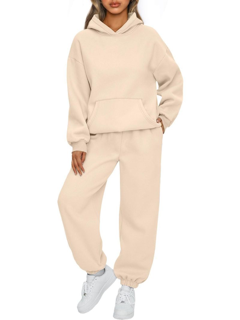 Ensemble sweat à capuche et jogging décontracté pour femme - Tenue deux pièces en polyester doux pour l'automne/hiver, tenue de détente confortable, grandes tailles disponibles_voghion.com