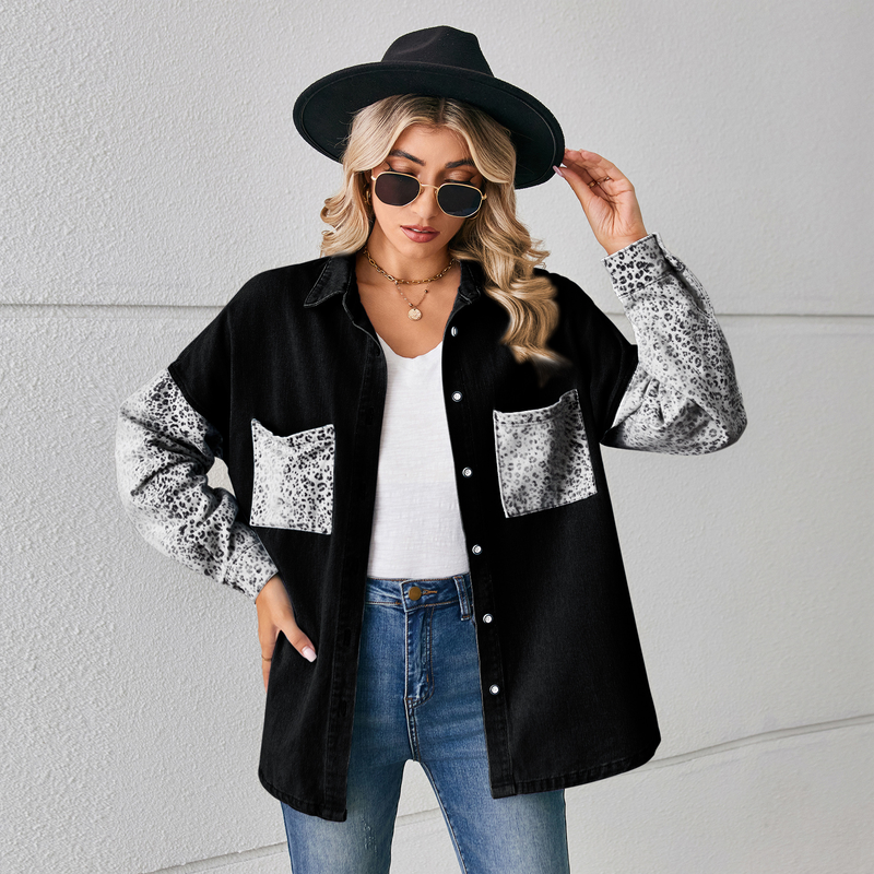 neue lockere Jeansbluse mit Leopardenmuster und langen Ärmeln, Strickjacke_voghion.com