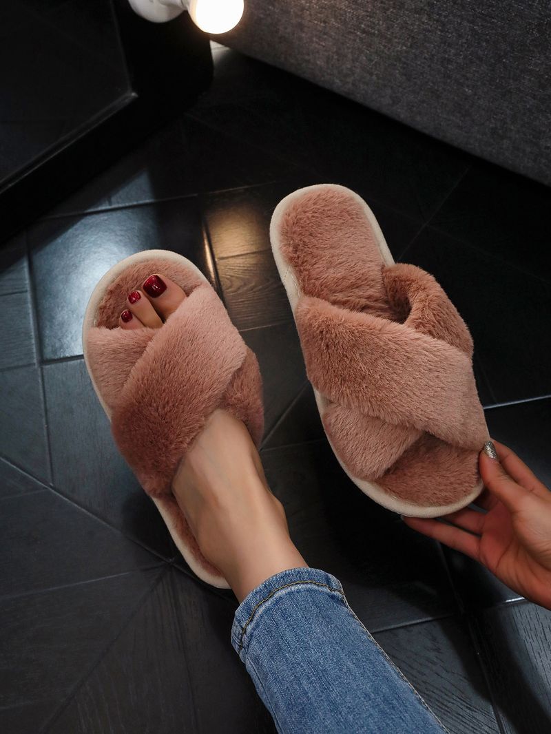Pantofole da donna in caldo cotone con punta aperta e cinturino incrociato, per ragazze_voghion.com