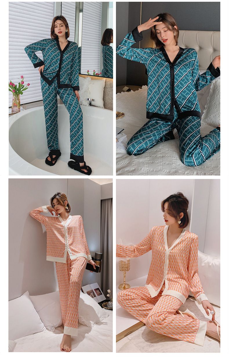 Unterwäsche & Nachtwäsche Pyjama-Set aus Eisseide, langärmliger V-Ausschnitt, vorne offener Bademantel, weiche, satinartige Loungewear mit Reverskragen – leicht und atmungsaktiv_voghion.com
