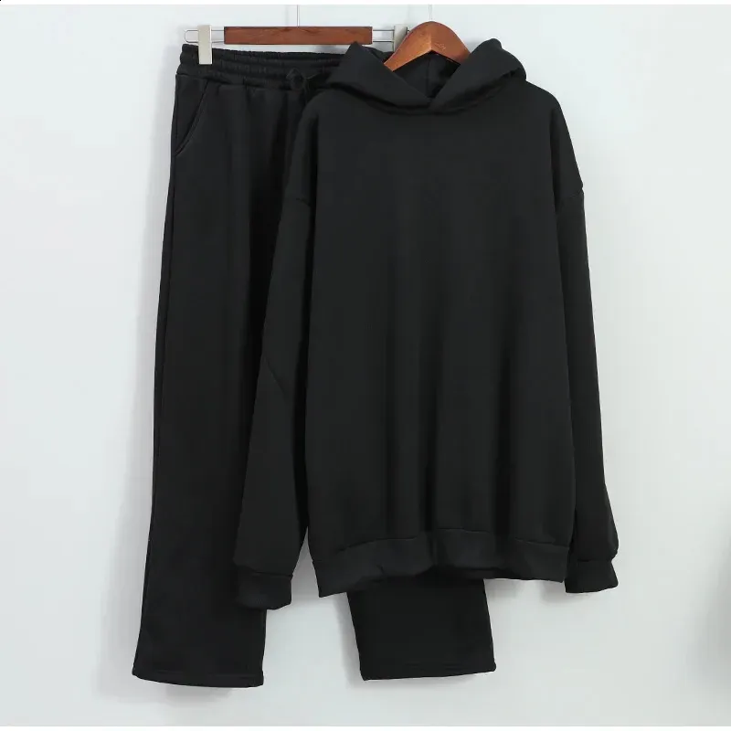 Casual Solid Couples Hooded Sweatshirt And Loose Sweatpants 2 Piece Suit Male Autumn Jogging Trousers Outfits Suits_voghion.com