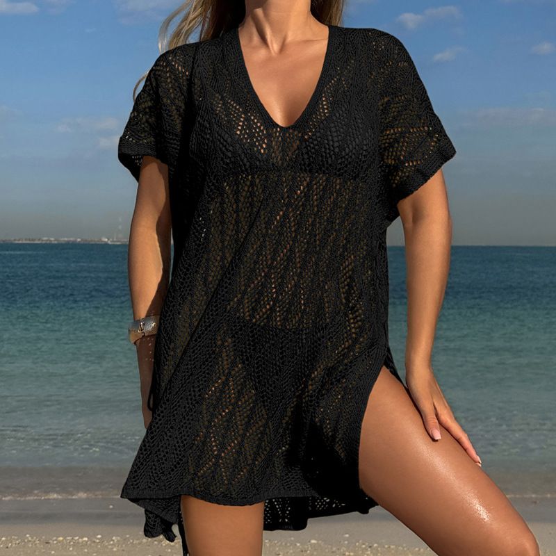 Breathable Mesh Knit Cover-Up Beach Shirt - Loose Fit Bikini Swimwear Wrap For Summer & Spring (White, Beige, Black, One Size)_voghion.com