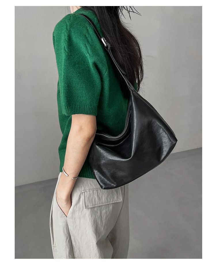 Borsa a tracolla da donna, in pelle bovina conciata al vegetale, con strato superiore, hobo bag in pelle, borsa tote da ascella, borsa Jiaozi a tracolla di grande capacità da donna_voghion.com