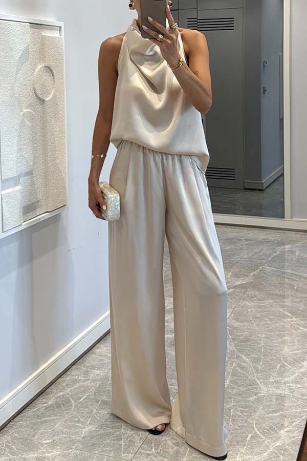 Completo da donna con pantaloni larghi e senza maniche in raso - Completo casual da due pezzi per le vacanze estive e l'uso quotidiano (colori multipli)_voghion.com
