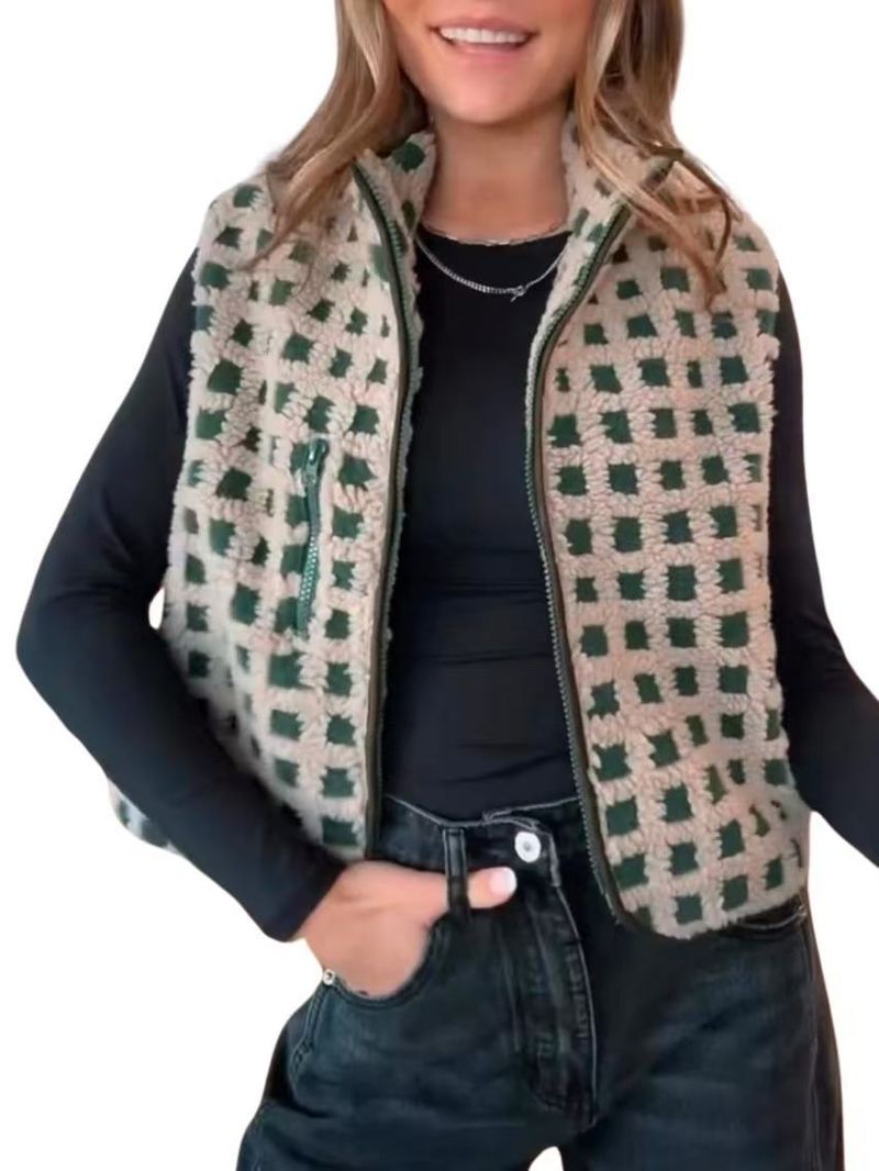 Gilet zippé en polaire gaufrée pour femme, col montant, sans manches, superposition légère et chaude pour l'automne et l'hiver_voghion.com