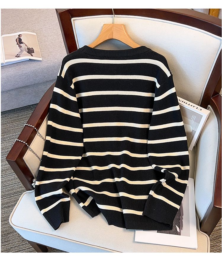 Übergrößen-Viskose-Stricktop für Damen, schlankmachendes Langarm-T-Shirt für kurvige Figuren (2XL-7XL, Schwarz/Beige)_voghion.com