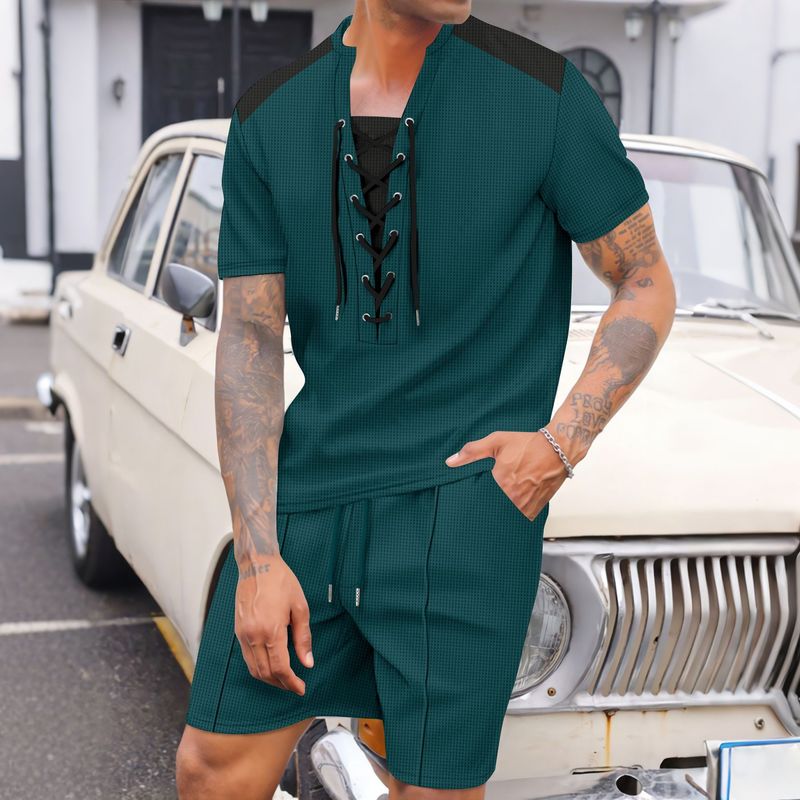 Ensemble décontracté 2 pièces pour homme : short à cordon et t-shirt à col rond | Tenue d'été à manches courtes_voghion.com