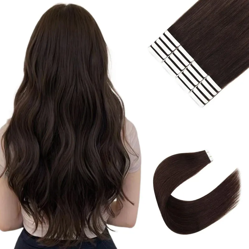 Dunkelbraunes Tape In Echthaar-Extensions, Echthaar, nahtlos, unsichtbar, Skin Weft, selbstklebendes Haar, 20 Stück_voghion.com
