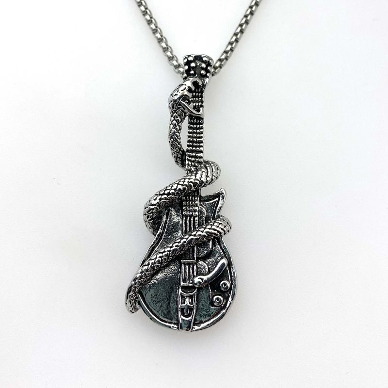 2025 Titanium Steel Precision Casting European And American Punk Hip-hop Style Men, Stainless Steel Snake Wrap Guitar Old Pendant Necklace_voghion.com