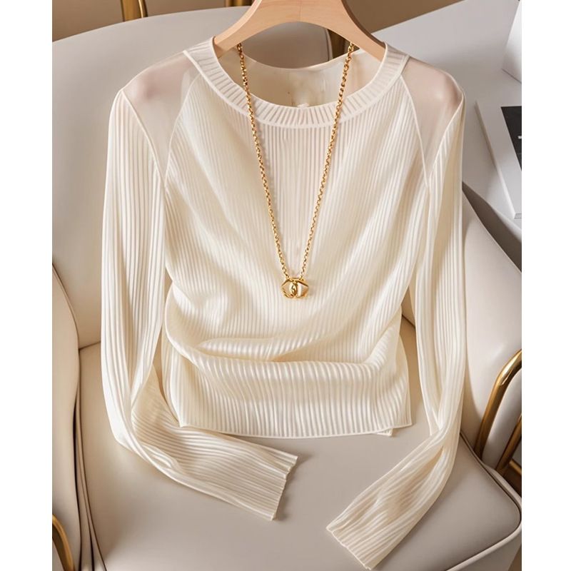 Nuovo stile di abbigliamento femminile per l'inizio dell'autunno, stile minimalista, maglietta bianca attillata a maniche lunghe per le donne, stile francese, temperamento semplice, dolce top_voghion.com