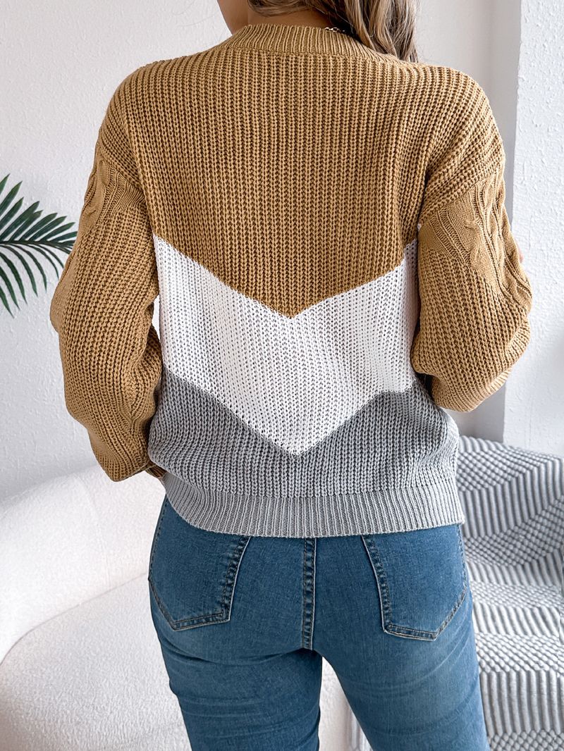 Maglione pullover a maniche a lanterna in maglia a blocchi di colore casual autunno inverno 2025 da donna_voghion.com