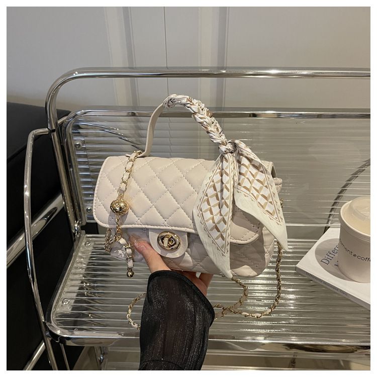 Women's Fashion Shoulder Bag With Quilted Design, Chain Strap & Scarf Detail - Soft PU Crossbody Purse For Daily Commute & Casual Outings_voghion.com