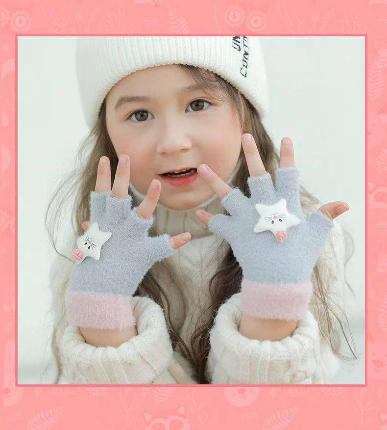 Kinder Herbst und Winter warme Schulmädchen Halbfinger Schreiben Cartoon Kälteschutzhandschuhe_voghion.com