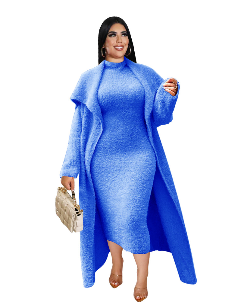 Women's clothing temperament dress and coat two-piece fashion loose long cardigan velvet suit_voghion.com